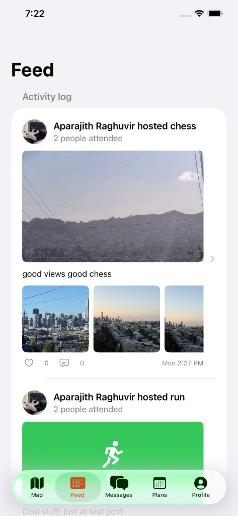 Feed showing an activity log of plans people hosted nearby.