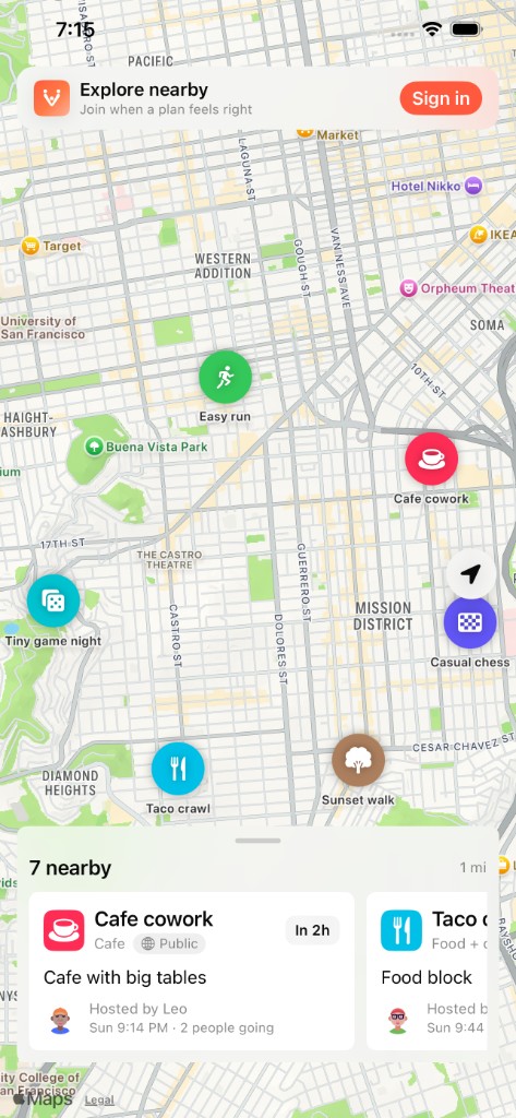 Vaya map showing nearby plans as colorful pins.